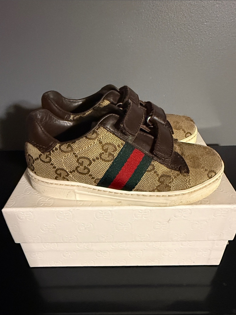 Gucci Kids GG Canvas Sneakers with Red & Green Web Stripe